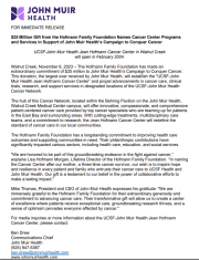$25 Million Gift from the Hofmann Family Foundation Names Cancer Center Programs  and Services in Support of John Muir Health’s Campaign to Conquer Cancer